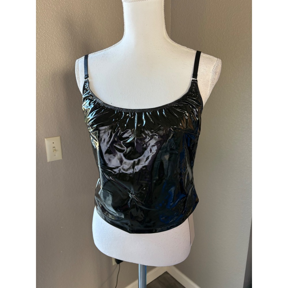 Musera Womens Black Patent Faux Leather Camisole Top Ruched Scoop Neck NWT